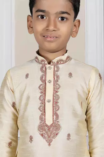 Fawn embroidered art silk boys-kurta-pyjama