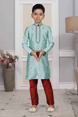 Turquoise embroidered art silk boys-kurta-pyjama 2