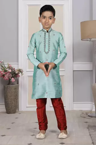 Turquoise embroidered art silk boys-kurta-pyjama