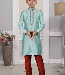 Turquoise embroidered art silk boys-kurta-pyjama
