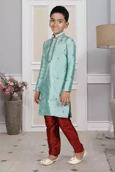 Turquoise embroidered art silk boys-kurta-pyjama