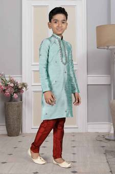 Turquoise embroidered art silk boys-kurta-pyjama