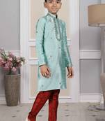 Turquoise embroidered art silk boys-kurta-pyjama