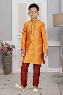 Orange embroidered art silk boys-kurta-pyjama 2