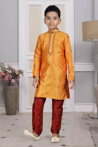 Orange embroidered art silk boys-kurta-pyjama