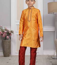 Orange embroidered art silk boys-kurta-pyjama