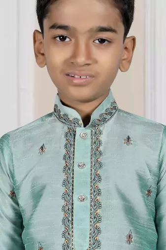 Turquoise embroidered art silk boys-kurta-pyjama
