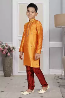 Orange embroidered art silk boys-kurta-pyjama