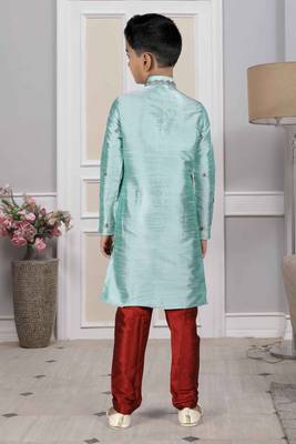Turquoise embroidered art silk boys-kurta-pyjama 5