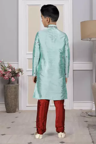 Turquoise embroidered art silk boys-kurta-pyjama