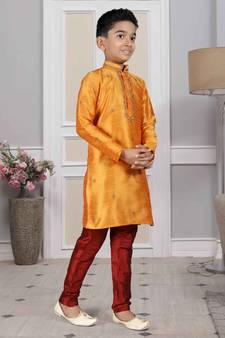 Orange embroidered art silk boys-kurta-pyjama