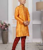 Orange embroidered art silk boys-kurta-pyjama