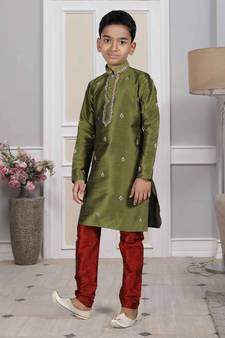 Green embroidered art silk boys-kurta-pyjama