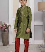 Green embroidered art silk boys-kurta-pyjama