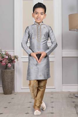 Grey embroidered art silk boys-kurta-pyjama 1