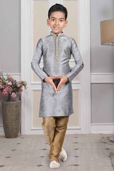 Grey embroidered art silk boys-kurta-pyjama