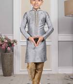 Grey embroidered art silk boys-kurta-pyjama