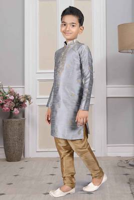 Grey embroidered art silk boys-kurta-pyjama 3