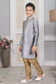 Grey embroidered art silk boys-kurta-pyjama