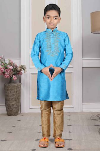 Blue embroidered art silk boys-kurta-pyjama