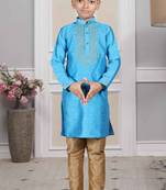 Blue embroidered art silk boys-kurta-pyjama
