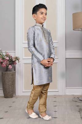 Grey embroidered art silk boys-kurta-pyjama 4