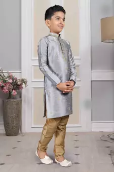 Grey embroidered art silk boys-kurta-pyjama