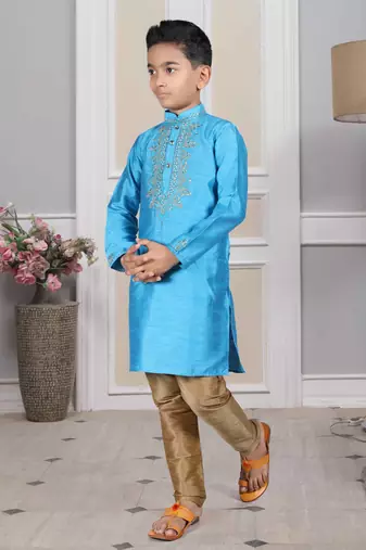 Blue embroidered art silk boys-kurta-pyjama