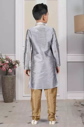 Grey embroidered art silk boys-kurta-pyjama