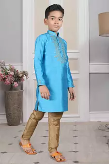 Blue embroidered art silk boys-kurta-pyjama