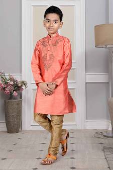 Pink embroidered art silk boys-kurta-pyjama