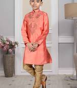 Pink embroidered art silk boys-kurta-pyjama