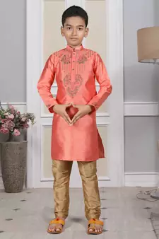 Pink embroidered art silk boys-kurta-pyjama