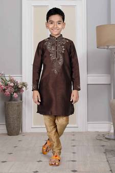 Brown embroidered art silk boys-kurta-pyjama