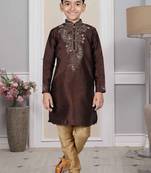 Brown embroidered art silk boys-kurta-pyjama