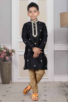 Black embroidered art silk boys-kurta-pyjama