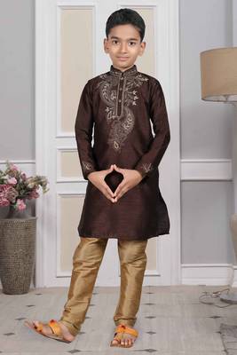 Brown embroidered art silk boys-kurta-pyjama 2