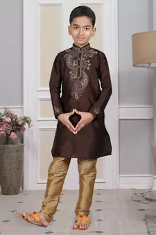 Brown embroidered art silk boys-kurta-pyjama