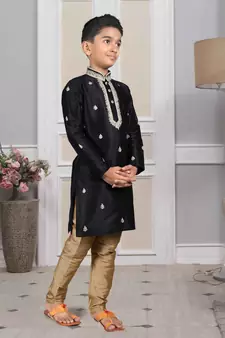 Black embroidered art silk boys-kurta-pyjama