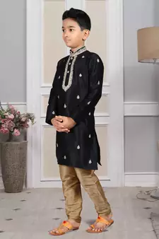 Black embroidered art silk boys-kurta-pyjama