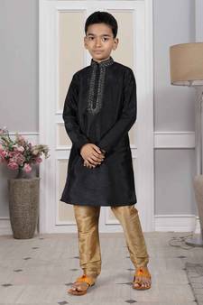 Black embroidered art silk boys-kurta-pyjama