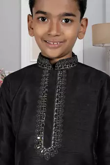 Black embroidered art silk boys-kurta-pyjama