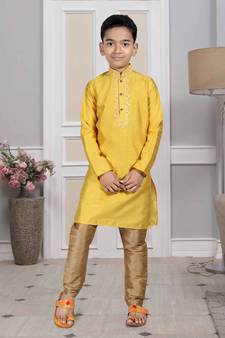 Yellow embroidered art silk boys-kurta-pyjama