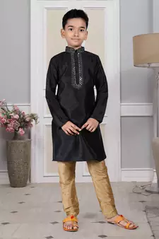Black embroidered art silk boys-kurta-pyjama