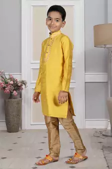 Yellow embroidered art silk boys-kurta-pyjama