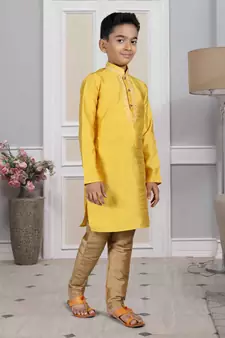 Yellow embroidered art silk boys-kurta-pyjama