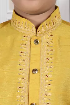 Yellow embroidered art silk boys-kurta-pyjama
