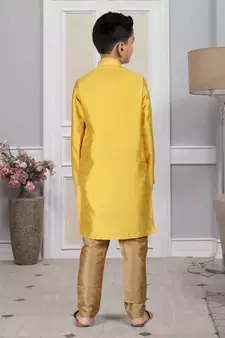 Yellow embroidered art silk boys-kurta-pyjama