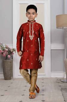 Maroon embroidered art silk boys-kurta-pyjama