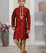 Maroon embroidered art silk boys-kurta-pyjama